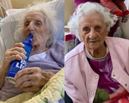 美國103歲老婦戰勝新冠病毒,喝凍啤酒慶祝出院。(網圖)