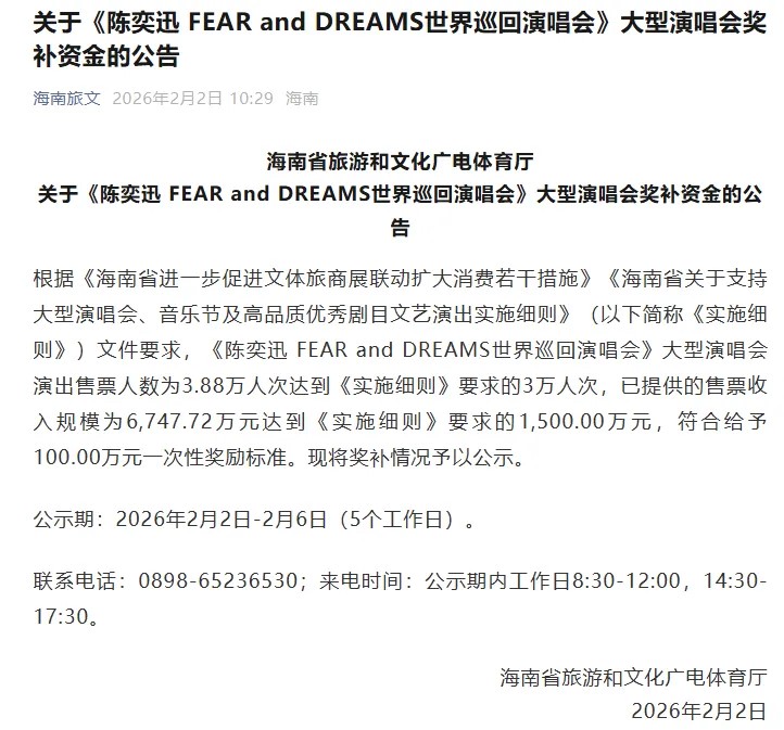 陳奕迅、張學友去年在海南的演唱會，觀眾人次及收入達標，分別獲獎¥100萬及¥50萬。