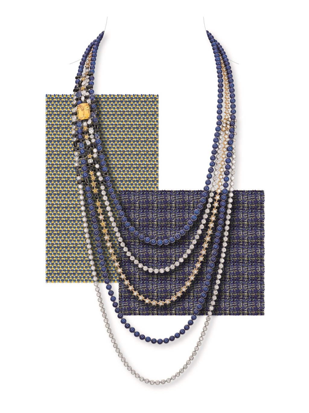 Tweed Etoilé黄金及白金钻石项链，镶嵌黄色蓝宝石、青金石及玛瑙，单颗黄色蓝宝石重约14.71卡。
