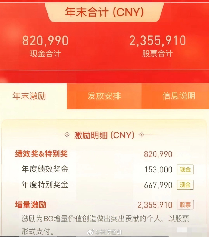 葉某的年終收入截圖。微博@科技怪咖 葉某的年終收入截圖。微博@科技怪咖