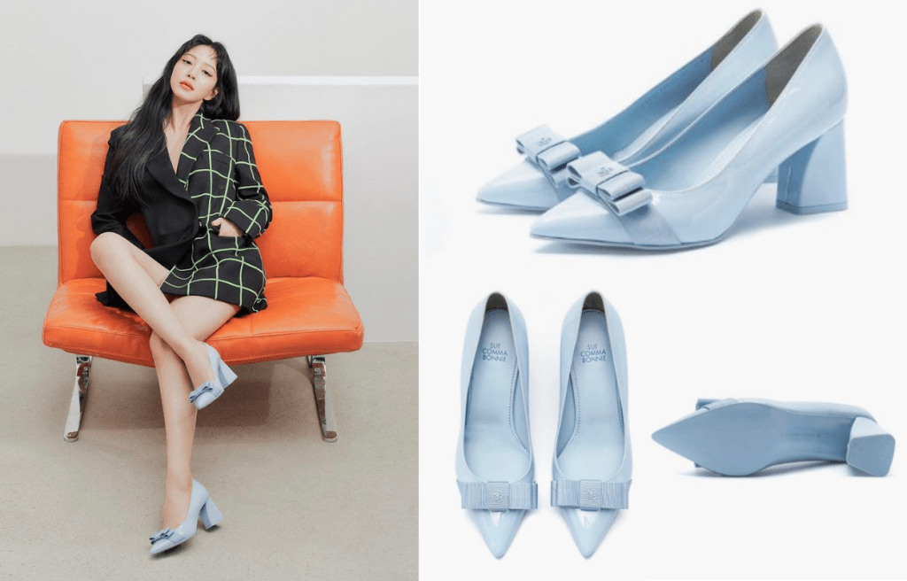 藍色Fantine Pumps的鞋跟採用復古的粗跟設計，搭配季節大熱的粉藍色調，為不對稱圖案的Coat Dress造型添注優雅型格的韻味。