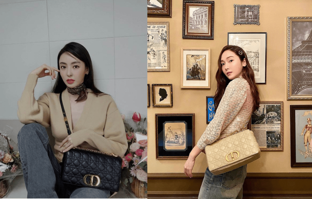 手袋外形簡潔，配搭飾以CD標誌的鏈帶，增添型格亮點。李多熙（左）及Jessica（右）的休閒牛仔褲Look，襯以黑色及裸色版本，優雅又有型。（圖片源自李多熙及Jessica Instagram）