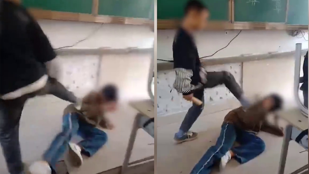 貴州發生校園暴力事件，男生狂踢2倒地女生，同學圍觀起哄拍片。