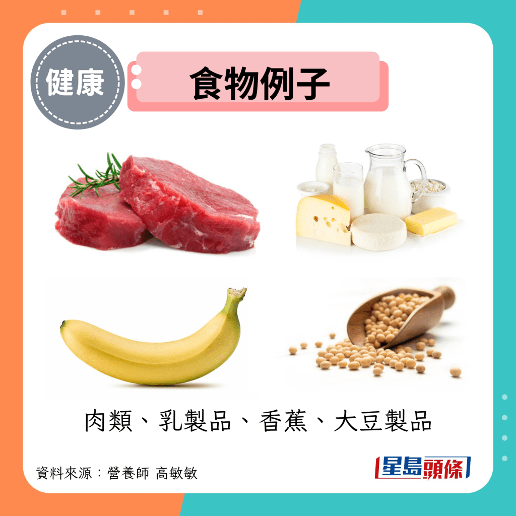 食物例子：肉類、乳製品、香蕉、大豆製品