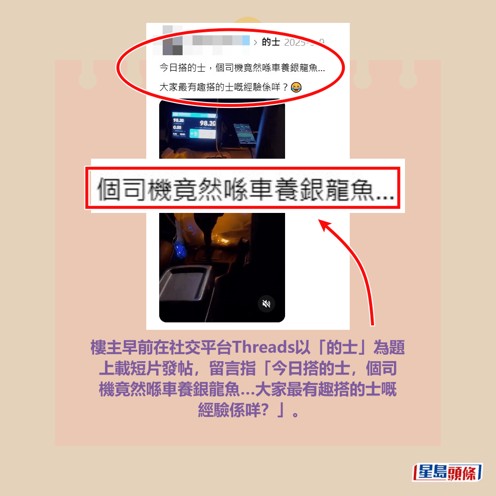 樓主早前在社交平台Threads以「的士」為題 上載短片發帖，留言指「今日搭的士，個司 機竟然喺車養銀龍魚…大家最有趣搭的士嘅 經驗係咩？」。Threads截圖