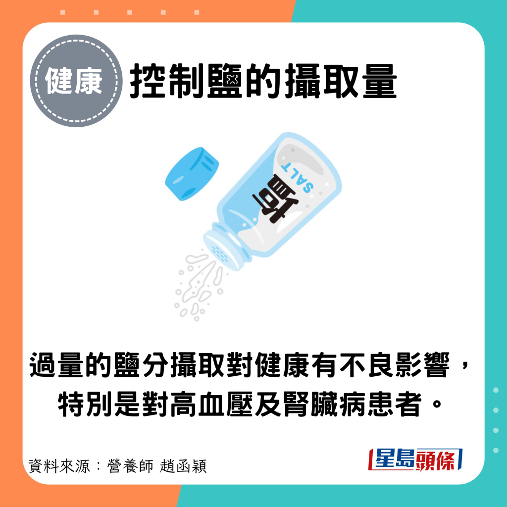 控制盐的摄取量：过量的盐分摄取对健康有不良影响，特别是对高血压及肾脏病患者。