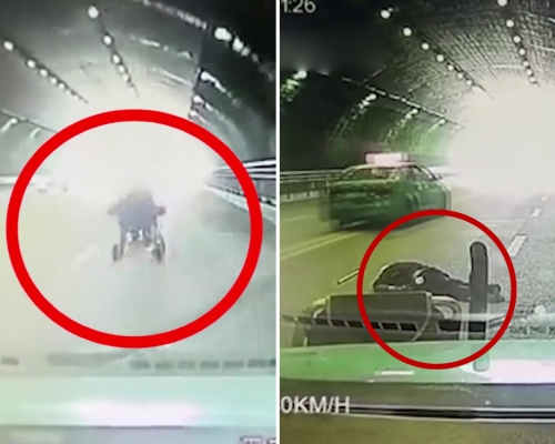 老伯坐電動輪椅闖馬路 隧道內被撞飛。(影片截圖)