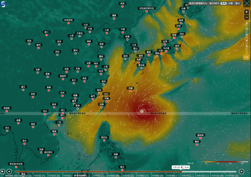 風烏預計11月10日該熱帶氣旋會在沖繩以東海面轉向。