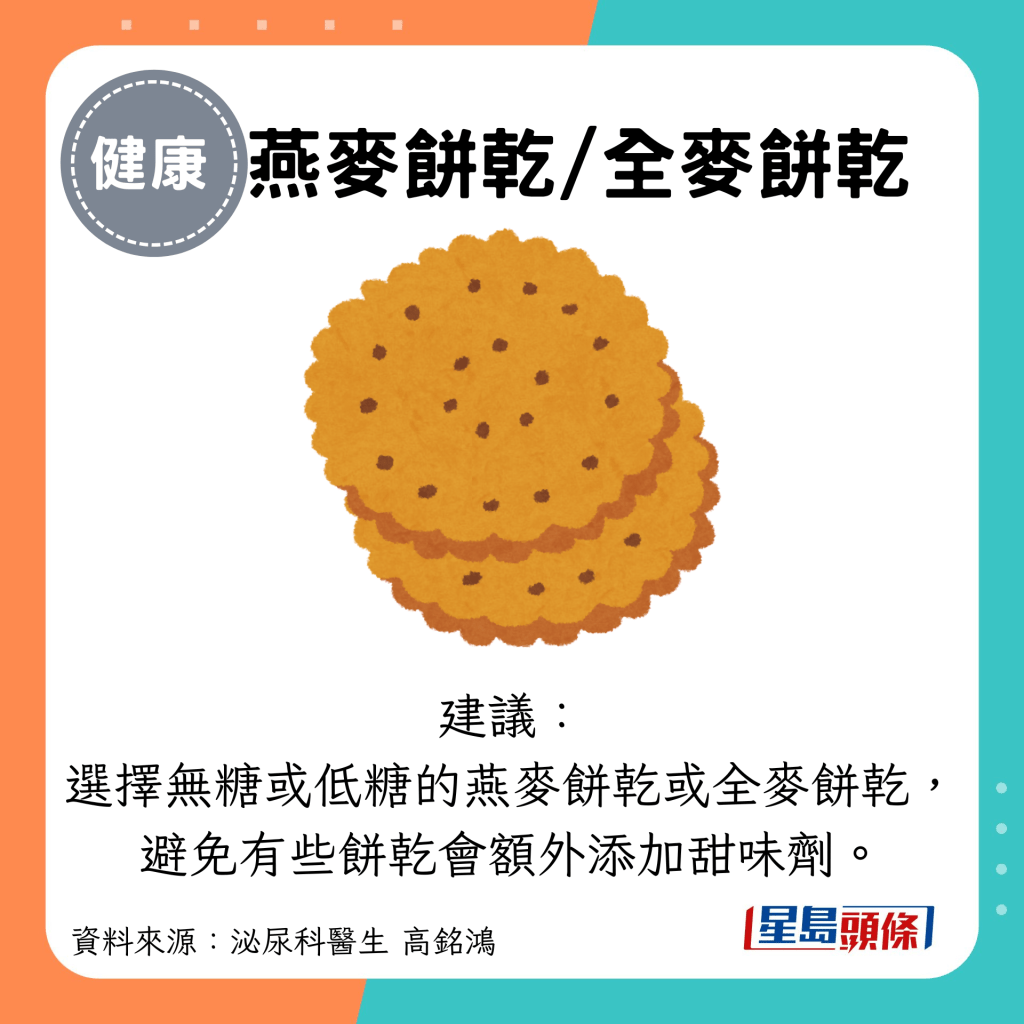 燕麦饼乾/全麦饼乾：建议： 选择无糖或低糖的燕麦饼乾或全麦饼乾， 避免有些饼乾会额外添加甜味剂。