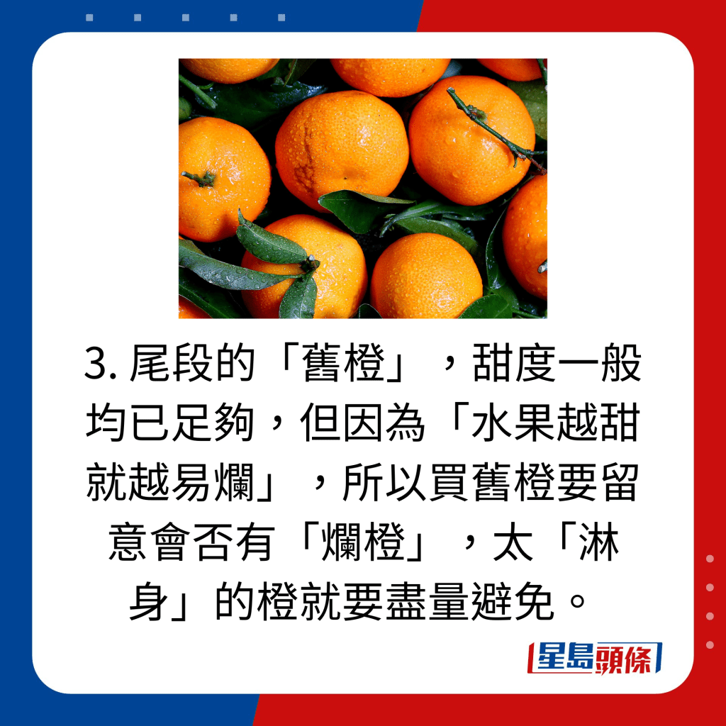3. 尾段的「旧橙」，甜度一般均已足够，但因为「水果越甜就越易烂」，所以买旧橙要留意会否有「烂橙」，太「淋身」的橙就要尽量避免。