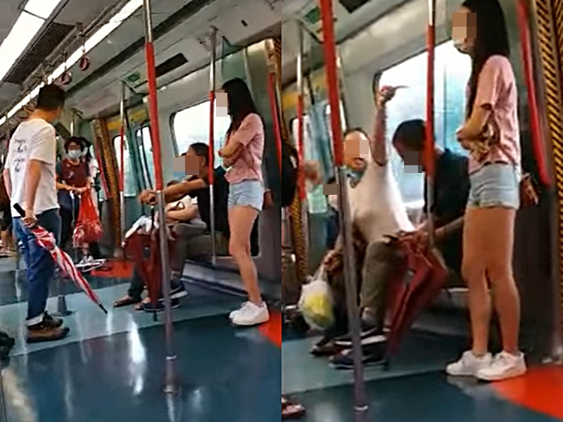 男子持傘上前（左），大媽拉下口罩（右）。香港突發事故報料區FB影片截圖