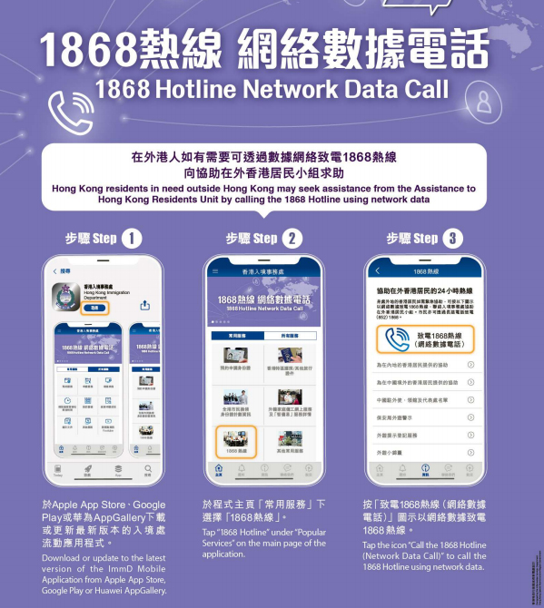 入境處助在外港人「1868」求助熱線准網絡數據致電。 入境處提供
