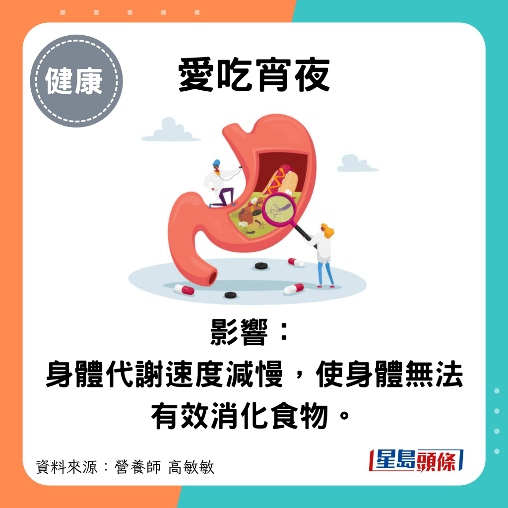 爱吃宵夜：影响： 身体代谢速度减慢，使身体无法有效消化食物。