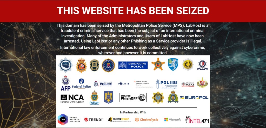 英国警方在LabHost网站挂上取缔宣言。