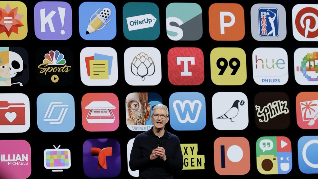 苹果CEO库克在一次苹果开发者大会上介绍新产品，身后是各种iOS App图标。  美联社资料图