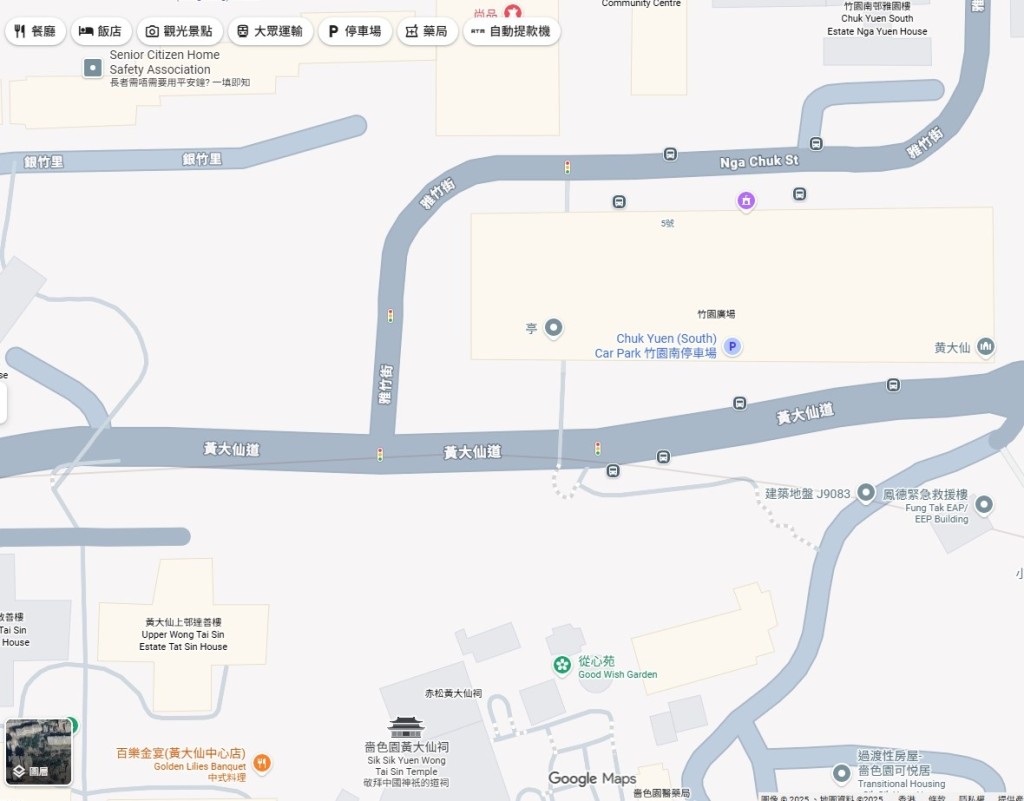 竹園南邨座落於黃大仙祠後。Google地圖截圖 竹園南邨座落於黃大仙祠後。Google地圖截圖 