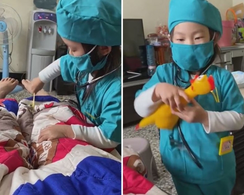 4岁女扮医生帮妈妈「接生」 ，生出一只尖叫鸡。（网图）