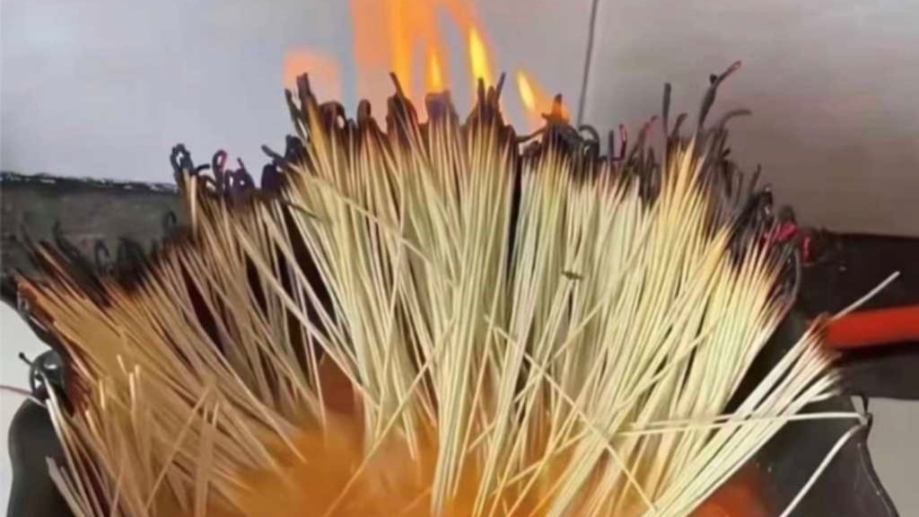 面条的顶端烧焦兼冒出火焰。fb