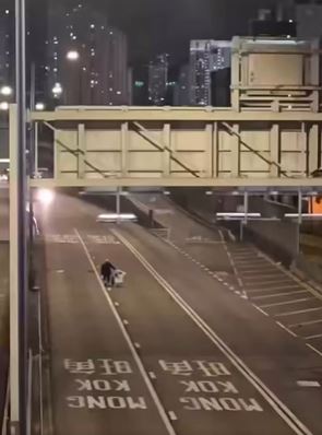 一名老人家拉著車仔在觀塘道逆線過路。fb 車cam L（香港群組）BrightLion5852