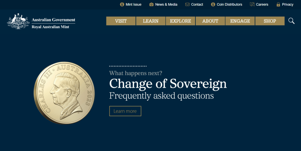 澳洲皇家鑄幣廠發布鑄有英國國皇查理斯三世肖像的硬幣圖像。網站截圖