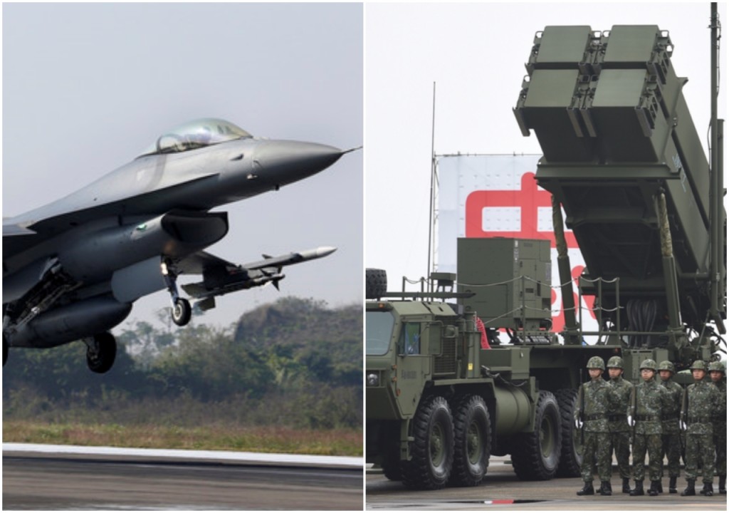 台灣購自美國的F-16戰機(左)及愛國者導彈(右)。