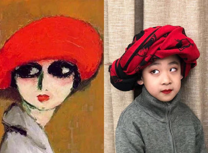 甘肅小學生模仿《戴紅頭巾的女孩》。網圖