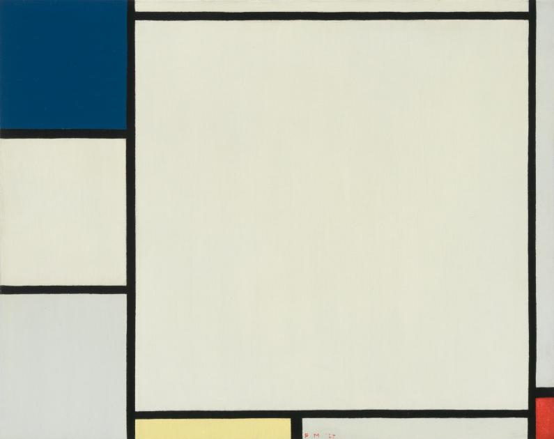 荷兰风格派蒙德里安1927年作品《Composition with Blue, Yellow, and Red》，现于美国波士顿美术馆展出。