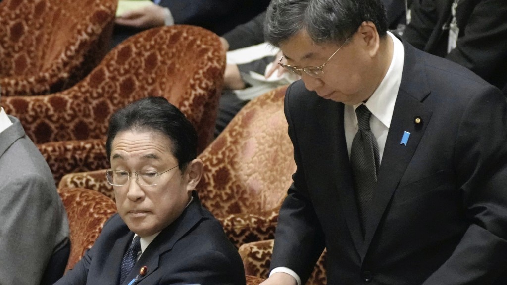 岸田文雄（左）與松野博一周五出席東京下議院預算委員會會議。 美聯社