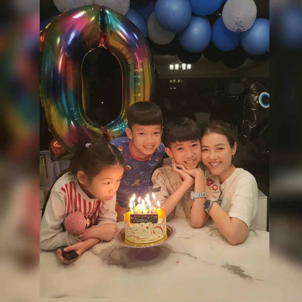 陳茵媺與三名子女於大仔Aiden（右二）正日生日再慶祝。