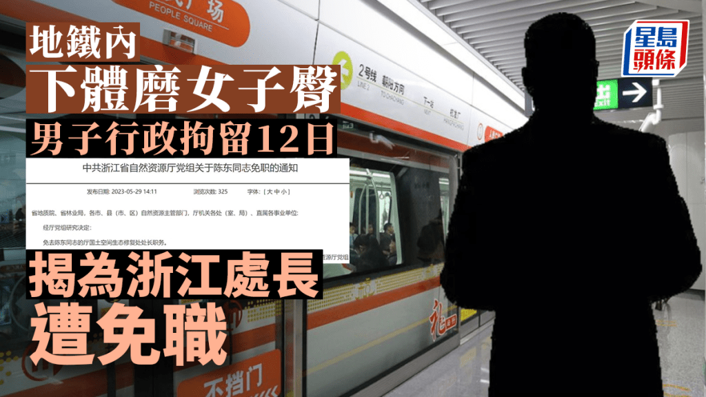 陳東因在浙江杭州地鐵猥褻他人而遭行政拘留12日。
