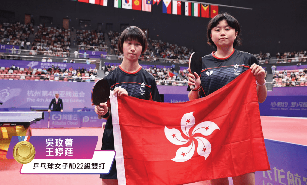 吳玫薈(左)、王婷莛在乒乓球女雙WD 22級賽事中，勇奪港隊第8金。  中國香港殘疾人奧委會圖片
