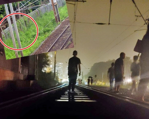 小圖：斷電纜位置。大圖：乘客摸黑沿路軌行回大埔墟站月台。讀者提供
