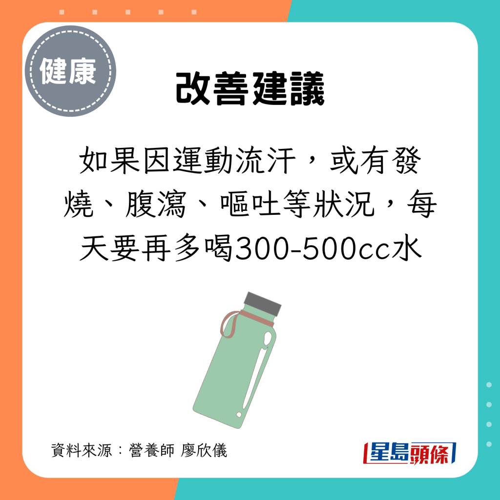 如果因运动流汗，或有发烧、腹泻、呕吐等状况，每天要再多喝300-500cc水