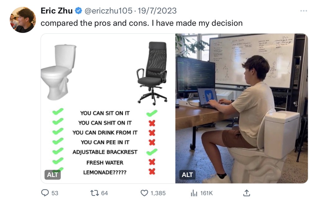 埃里克（Eric Zhu）目前以马桶作为办公室坐椅，还分析马桶优胜之处。 Twitter@EricZhu105