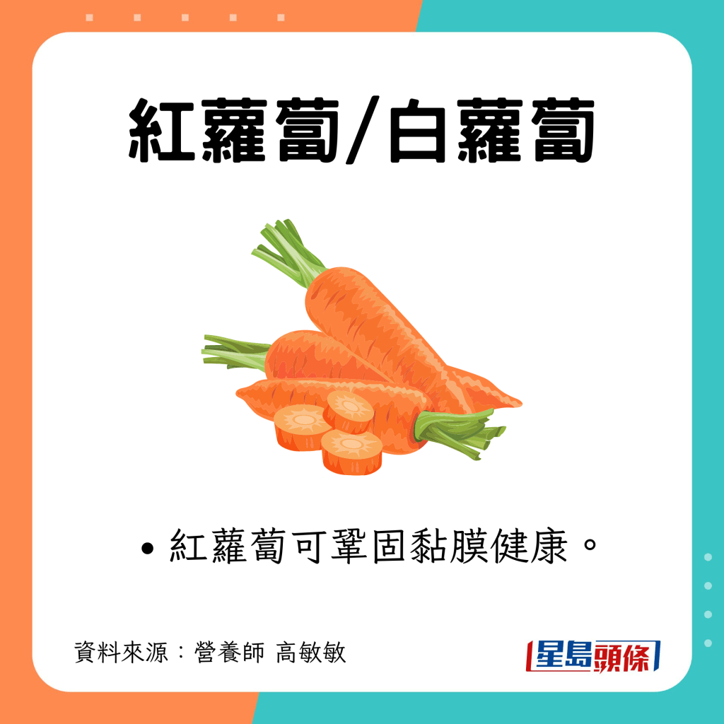 耐放蔬菜7｜紅蘿蔔/白蘿蔔：紅蘿蔔可鞏固黏膜健康。