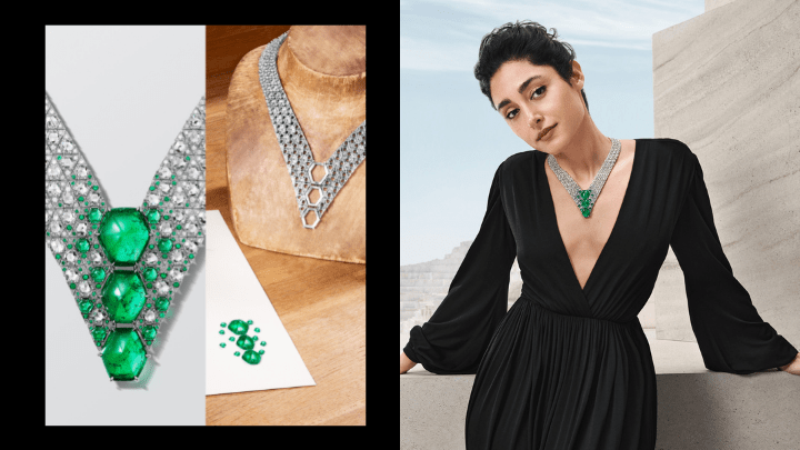 Iwana项链 ，以铂金镶嵌3颗共重43.31卡的六角凸圆形切割哥伦比亚祖母绿，配以六角形及圆形切割祖母绿、玫瑰式和圆形明亮式切割钻石。