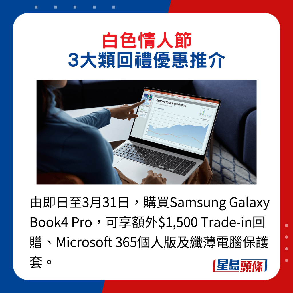 由即日至3月31日，購買Samsung Galaxy Book4 Pro，可享額外$1,500 Trade-in回贈、Microsoft 365個人版及纖薄電腦保護套。