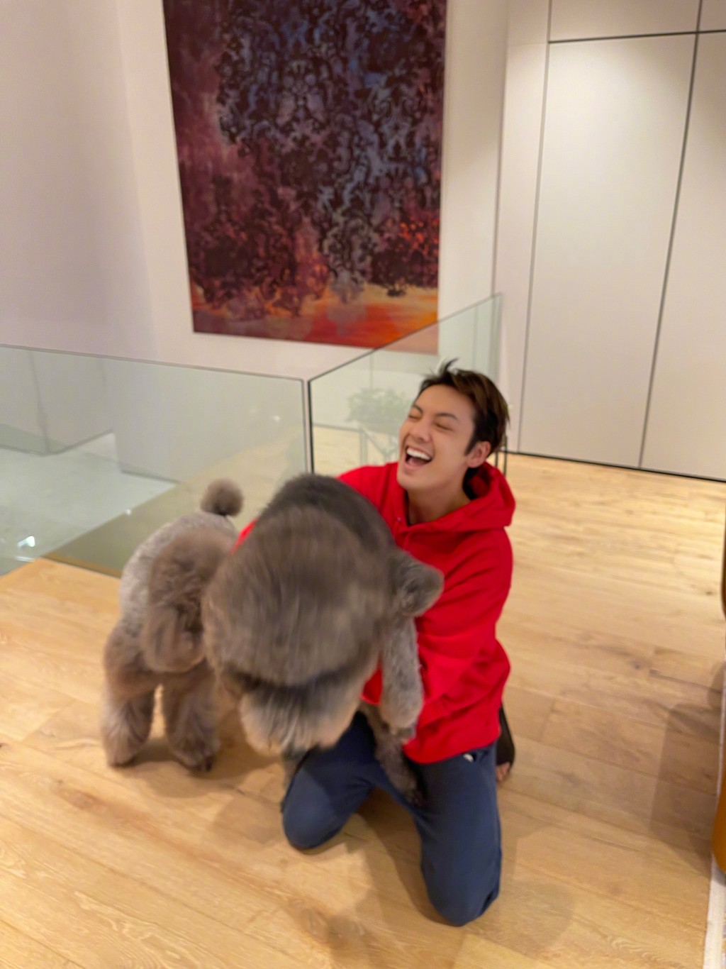 陈伟霆与爱犬在楼梯边玩。