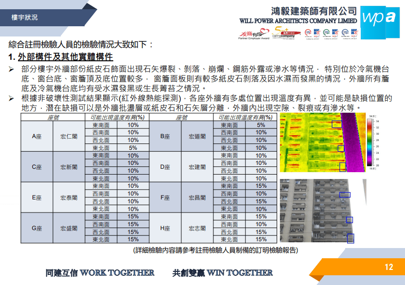 驗樓報告指，紙皮石飾面存在石矢爆裂、剝落、崩爛、鋼筋外露或滲水等情況。文件截圖