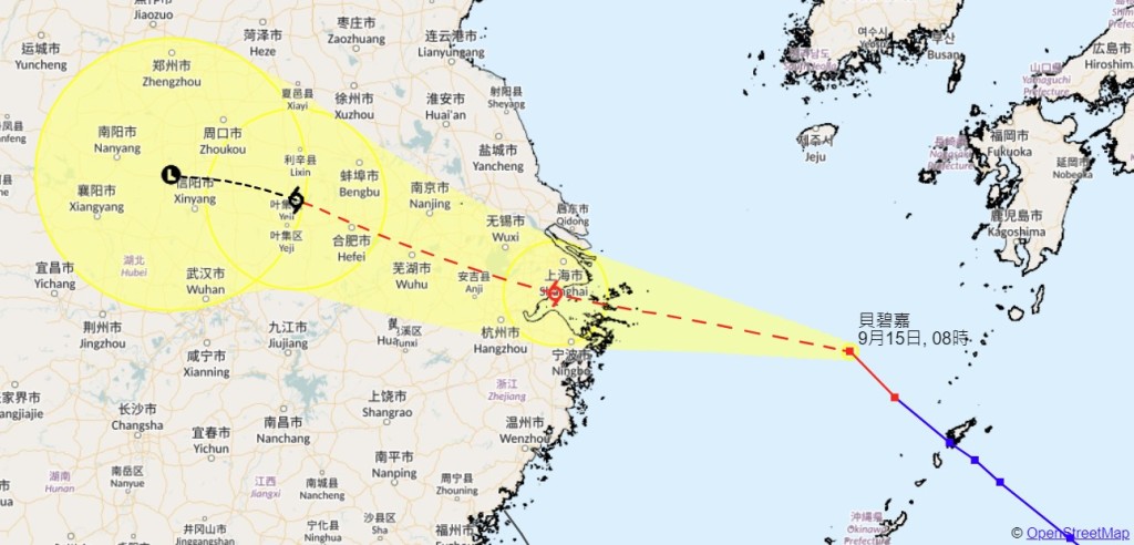 天文台表示，今日（15日）正午12時，颱風貝碧嘉集結在上海之東南偏東約500公里。天文台截圖