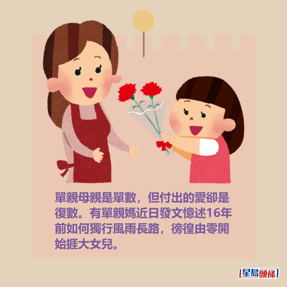 單親母親是單數,但付出的愛卻是 復數。有單親媽近日發文憶述16年 前如何獨行風雨長路,徬徨由零開 始捱大女兒。 單親母親是單數,但付出的愛卻是 復數。有單親媽近日發文憶述16年 前如何獨行風雨長路,徬徨由零開 始捱大女兒。