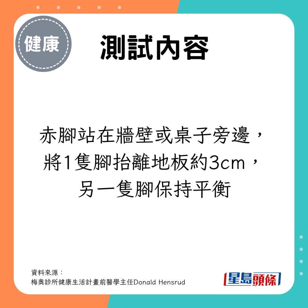 赤腳站在牆壁或桌子旁邊，將1隻腳抬離地板約3cm，另一隻腳保持平衡