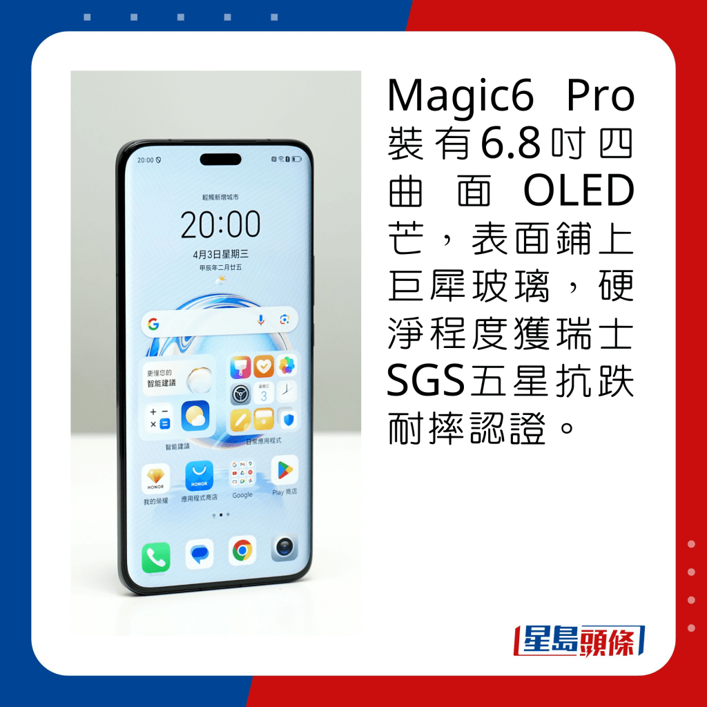 Magic6 Pro装有6.8寸四曲面OLED芒，表面铺上巨犀玻璃，硬净程度获瑞士SGS五星抗跌耐摔认证。
