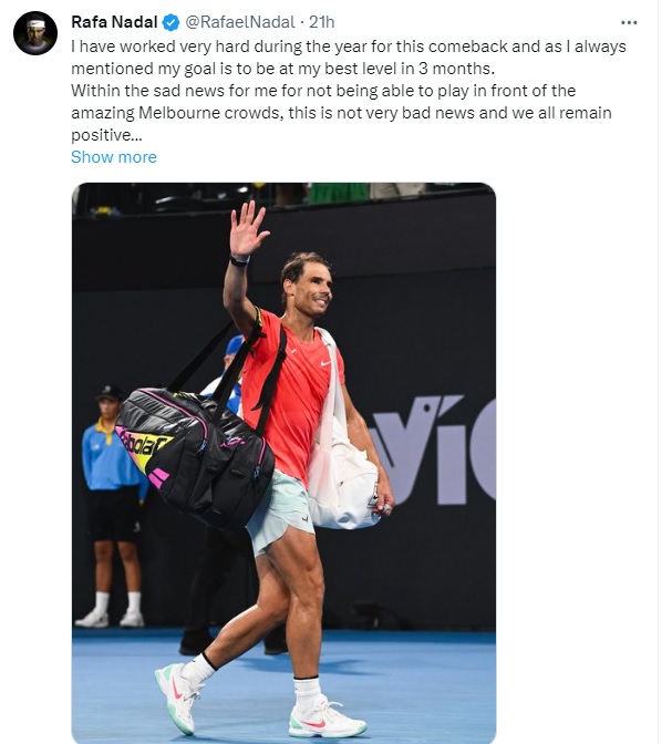 拿度于个人社交媒体公布退出澳洲网球公开赛。网上图片