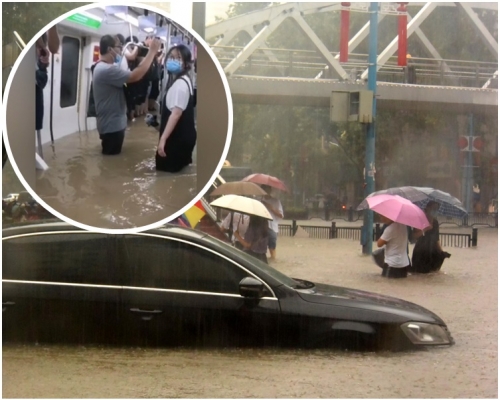 車輛在鄭州市街頭被淹。新華社（小圖為洪水湧入鄭州地鐵。網圖）