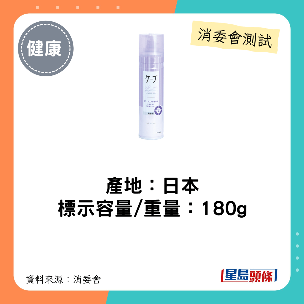 消委会不含香料致敏物头发造型产品｜花王 KAO Cape 3D Extra Keep容量/重量为180ml。