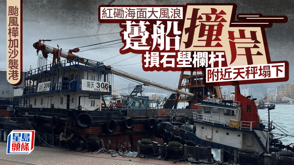 颱風樺加沙︱紅磡海面躉船撞岸 石壆大面積崩塌 欄杆整排損毀