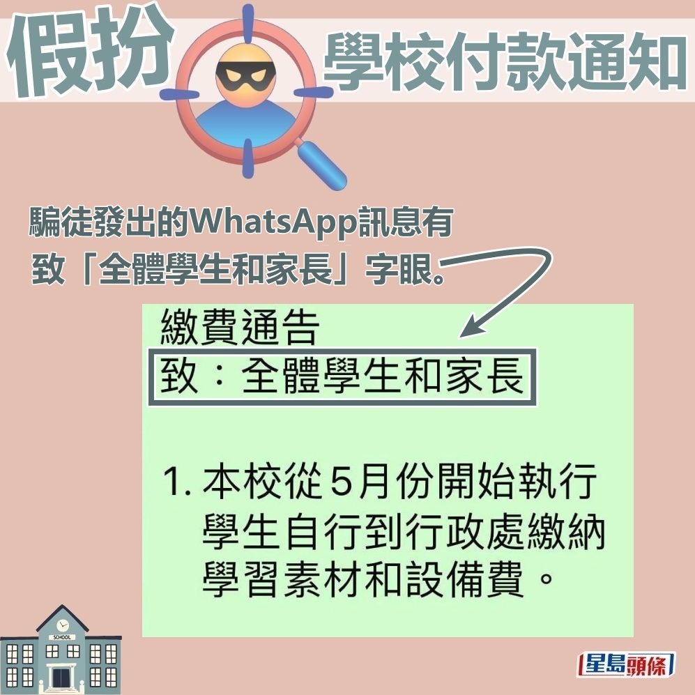 疑似騙徒發出的WhatsApp訊息有致「全體學生和家長」字眼。fb群組「屯門友」截圖