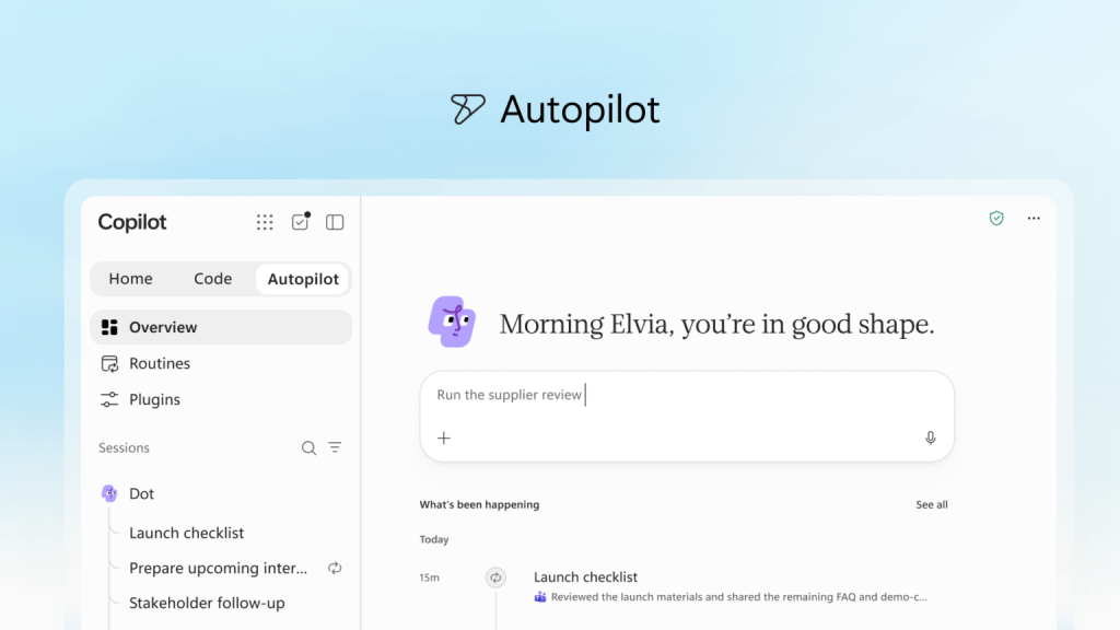 Autopilot是一個AI代理助手,可幫助用戶持續執行任務。 圖片來源:微軟 Autopilot是一個AI代理助手,可幫助用戶持續執行任務。 圖片來源:微軟