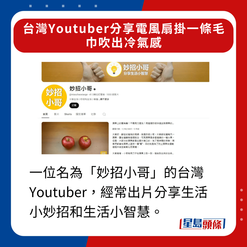 一位名為「妙招小哥」的台灣Youtuber，經常出片分享生活小妙招和生活小智慧